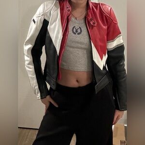 Vintage Red black white biker motorcycle leather jacket